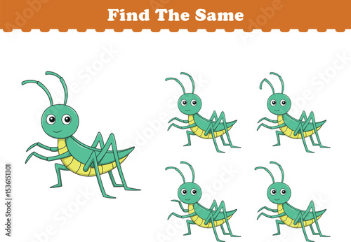 Funny cartoon grasshopper. Find same pictures. Educational game for children. Cartoon vector illustration