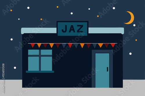 an alley jazz bar with garlands around the neon 