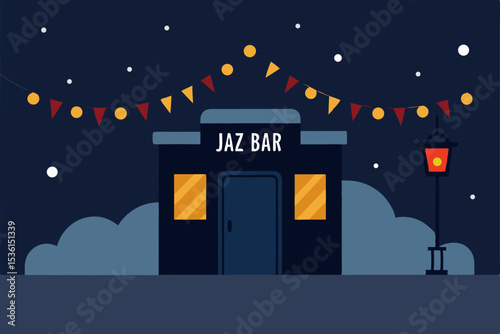 an alley jazz bar with garlands around the neon