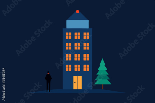 an office tower with one lit floor remaining 