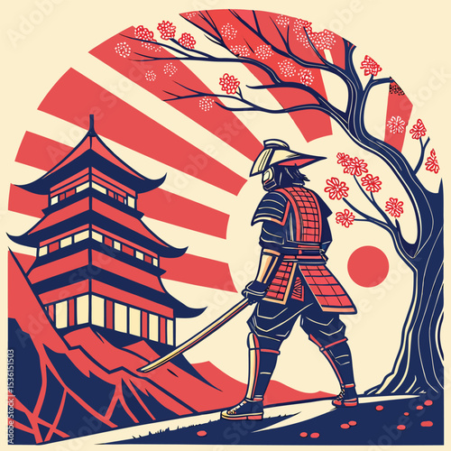 Samurai warrior with katana stands by a japanese temple cherry blossom tree with sun rays illustration