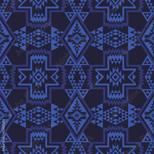 Monochrome Native American pattern. Vector blue aztec southwestern Navajo geometric shape seamless pattern. Ethnic geometric pattern use for fabric, textile, home decoration elements, upholstery.
