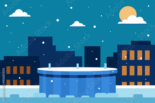 an urban rooftop hot tub party with snow gently 