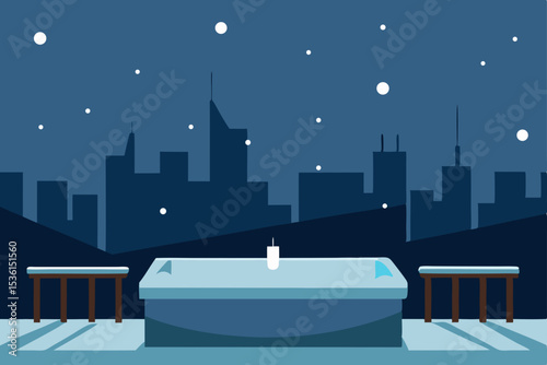 an urban rooftop hot tub party with snow gently 