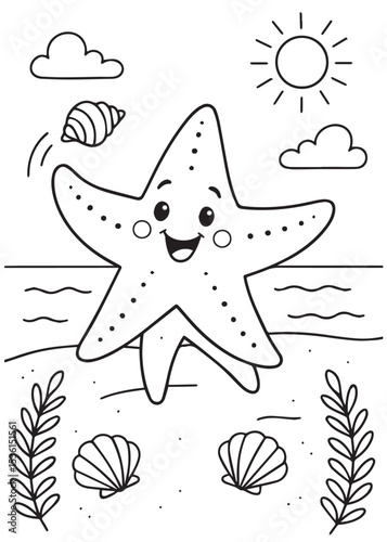 Coloring book starfish with a wide smile, is jumping on a sandy beach, with various seashells scattered around 