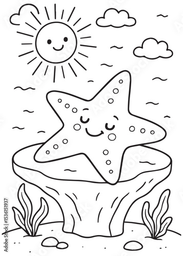 Coloring book sleeping starfish with closed eyes and dotted patterns lies peacefully on a large