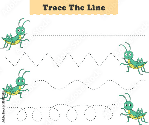 Trace line worksheets for children. Preschool handwriting practice with grasshopper. Vector illustration