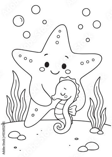 Coloring book starfish is happily hugging a cute seahorse at the bottom of the ocean