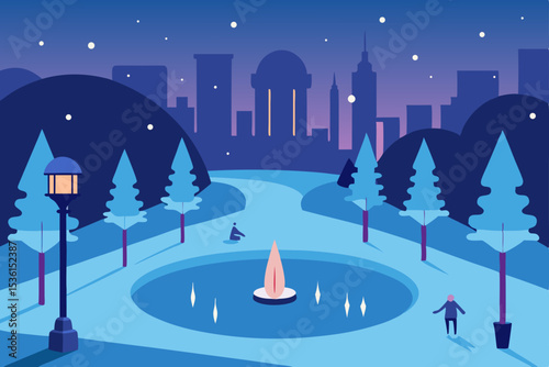 city park with frozen pond  glowing light installa