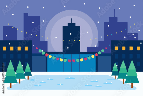 city ice rink glowing under fairy lights  surround 