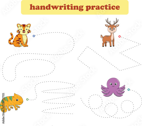 Handwriting Practice. Tracing lines for kids with animals. Vector Illustration