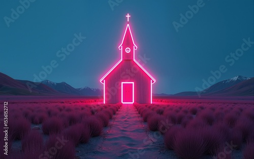 Neon church in a surreal landscape. High quality