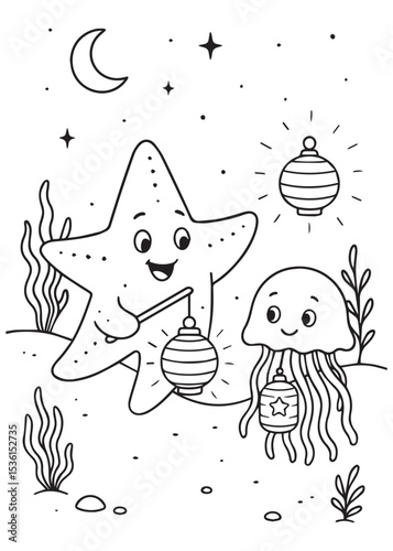 Coloring book starfish and a cute jellyfish are happily holding glowing lanterns underwater,