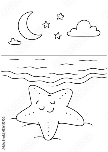 Coloring book sleeping starfish with closed eyes and dotted patterns lies partially submerged in the sand on a beach
