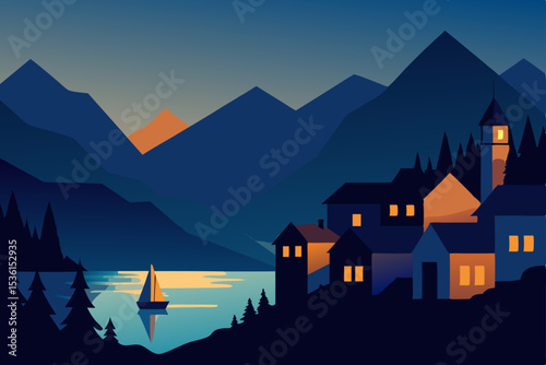 lakeside village with glowing windows and a mountan