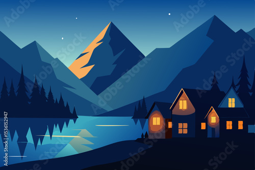 lakeside village with glowing windows 