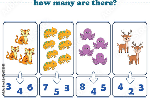 Counting game of wild animals for preschool kids. Printable. Vector Illustration