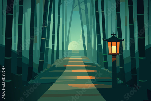 lantern lit bamboo forest path with mist rising 