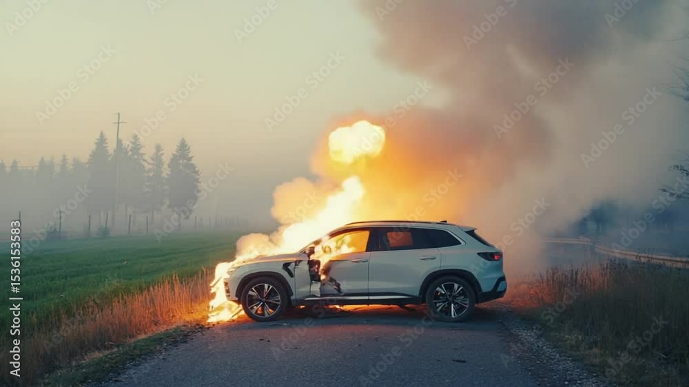 A car engulfed in flames on a rural road with smoke rising, symbolizing danger, accident, or destruction. Suitable for news, safety campaigns, or dramatic narratives.