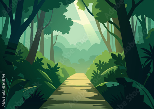 lush jungle path with sunlight piercing through 