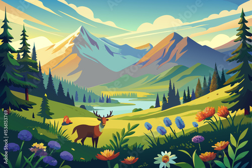 lush mountain meadow with grazing deer and wildflo