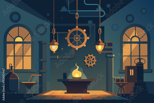 magical steampunk living room with gears  brass 