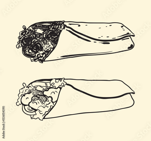 Black and White Burrito Illustration Set