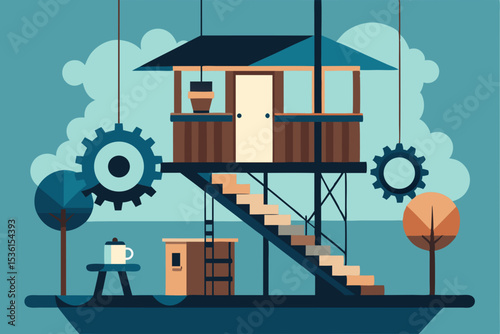mechanical treehouse living room with gears turnin