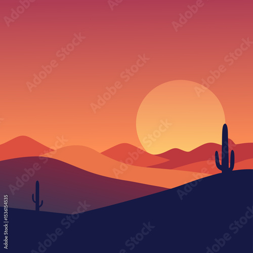 minimalist desert landscape with cacti and sunset