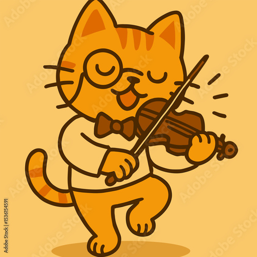 A cartoon cat stands on one leg, playing a violin dramatically. It wears a bowtie and monocle, adding a funky and cute charm to the vector illustration.
