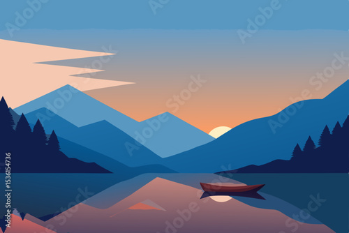 minimalist mountain lake with pastel skies 