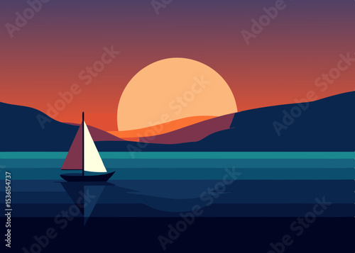 minimalist ocean scene with a sailboat and glowing 