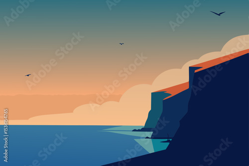minimalist seaside cliff with birds flying 