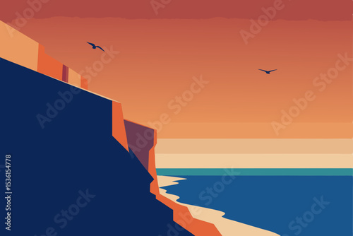 minimalist seaside cliff with birds flying 