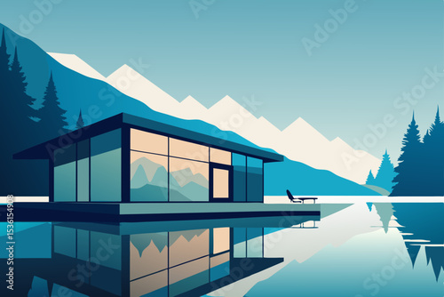 mirror lake house living room with reflective wate.svg