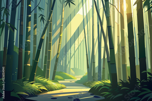 misty bamboo forest with rays of light filtering 