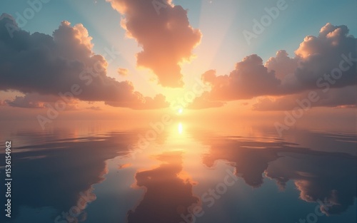 Serene sunrise over calm water, soft golden light illuminating peaceful landscape Perfect for relaxation, meditation, and nature themes , clouds, waves, sunrise. High quality