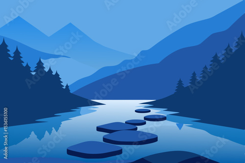 misty mountain river with stepping stones and fore 