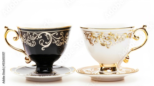  Luxury decorative coffee cups elegantly isolated on a pristine white background, showcasing intricate patterns and premium finishes. Perfect for high-end kitchen styling, home decor, or gourmet bever