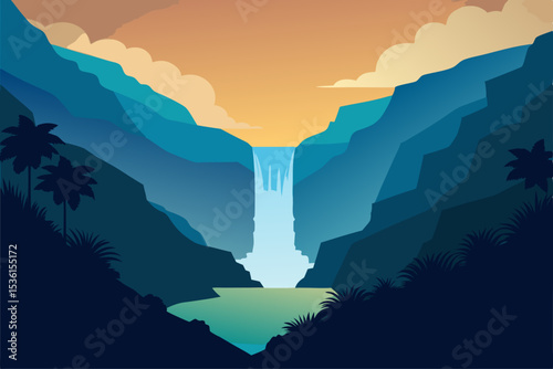 misty waterfall cascading into a jungle pool 