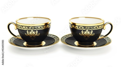  Luxury decorative coffee cups elegantly isolated on a pristine white background, showcasing intricate patterns and premium finishes. Perfect for high-end kitchen styling, home decor, or gourmet bever