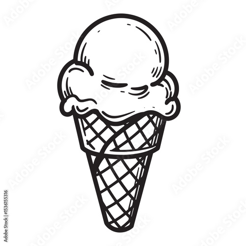 A classic black and white illustrated silhouette of an ice cream cone featuring a scoop of frozen dessert.