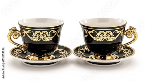  Luxury decorative coffee cups elegantly isolated on a pristine white background, showcasing intricate patterns and premium finishes. Perfect for high-end kitchen styling, home decor, or gourmet bever