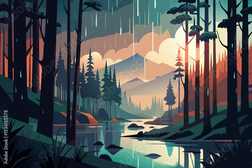moody forest scene with rain  puddles  