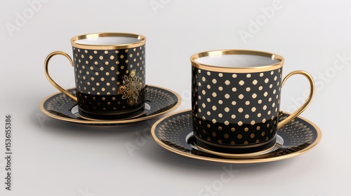  Luxury decorative coffee cups elegantly isolated on a pristine white background, showcasing intricate patterns and premium finishes. Perfect for high-end kitchen styling, home decor, or gourmet bever
