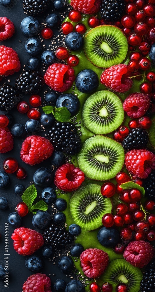 Fototapeta premium Vibrant array of fresh berries and kiwi slices