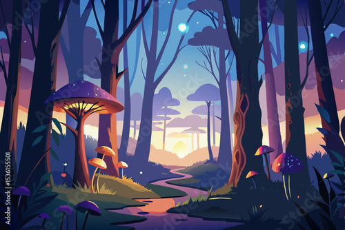 moody twilight forest with glowing mushrooms 