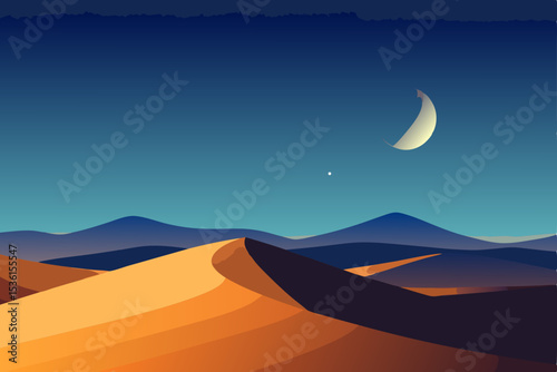 moonlit desert with sand dunes and star trails 