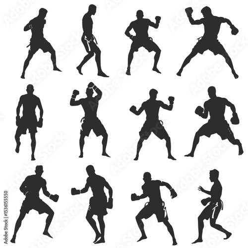 Silhouette Muay Thai Pose Vector Collection , black silhouettes isolated on white background