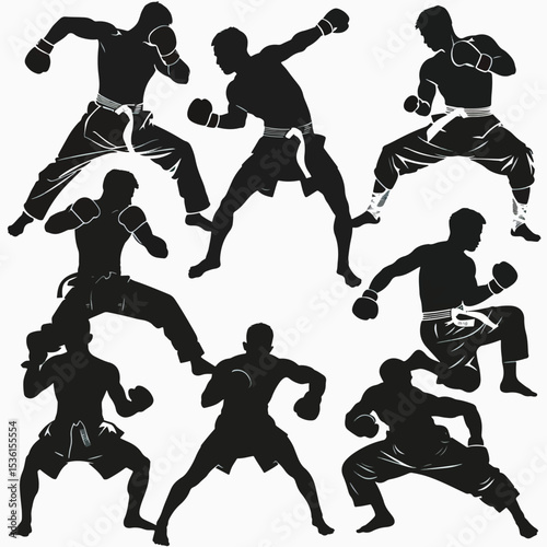 Silhouette Muay Thai Pose Vector Collection , black silhouettes isolated on white background